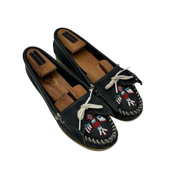 Minnetonka Thunderbird Boat Moccasins Beaded Fringe 179 Leather Womens Sz 7 Blue - Picture 3 of 6